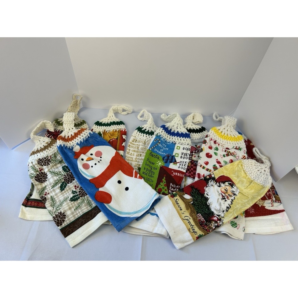 Christmas Kitchen Towels Crochet Top Hanging Set 9 Holiday Santa Snowman